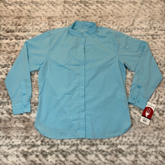 Chef  Uniform Women Sz large Long Sleeve Button New Baby Blue new - Picture 1 of 15